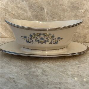 Lenox Cream and Blue Floral Gravy Boat with Silver Trim
